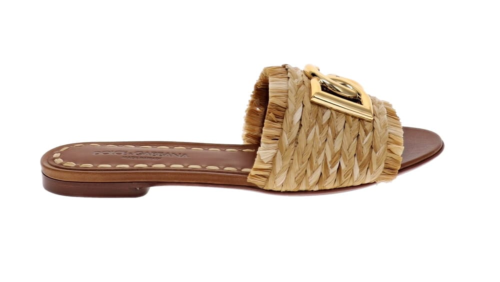 Dolce & Gabbana Natural Raffia Logo Embellished Slides