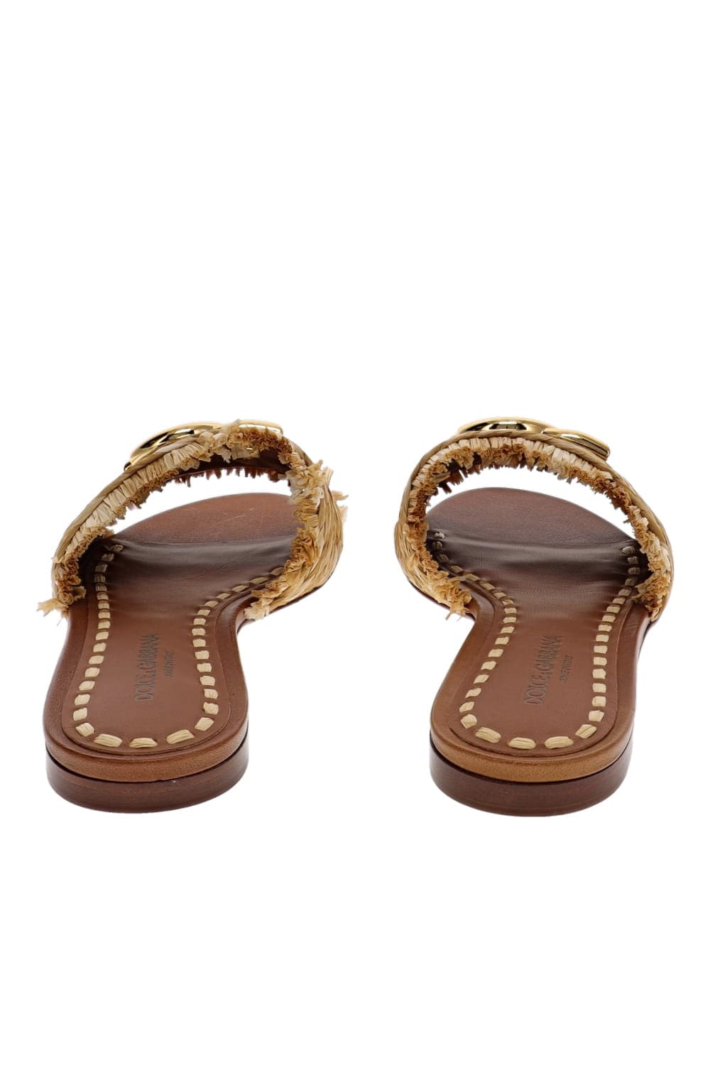 Dolce & Gabbana Natural Raffia Logo Embellished Slides