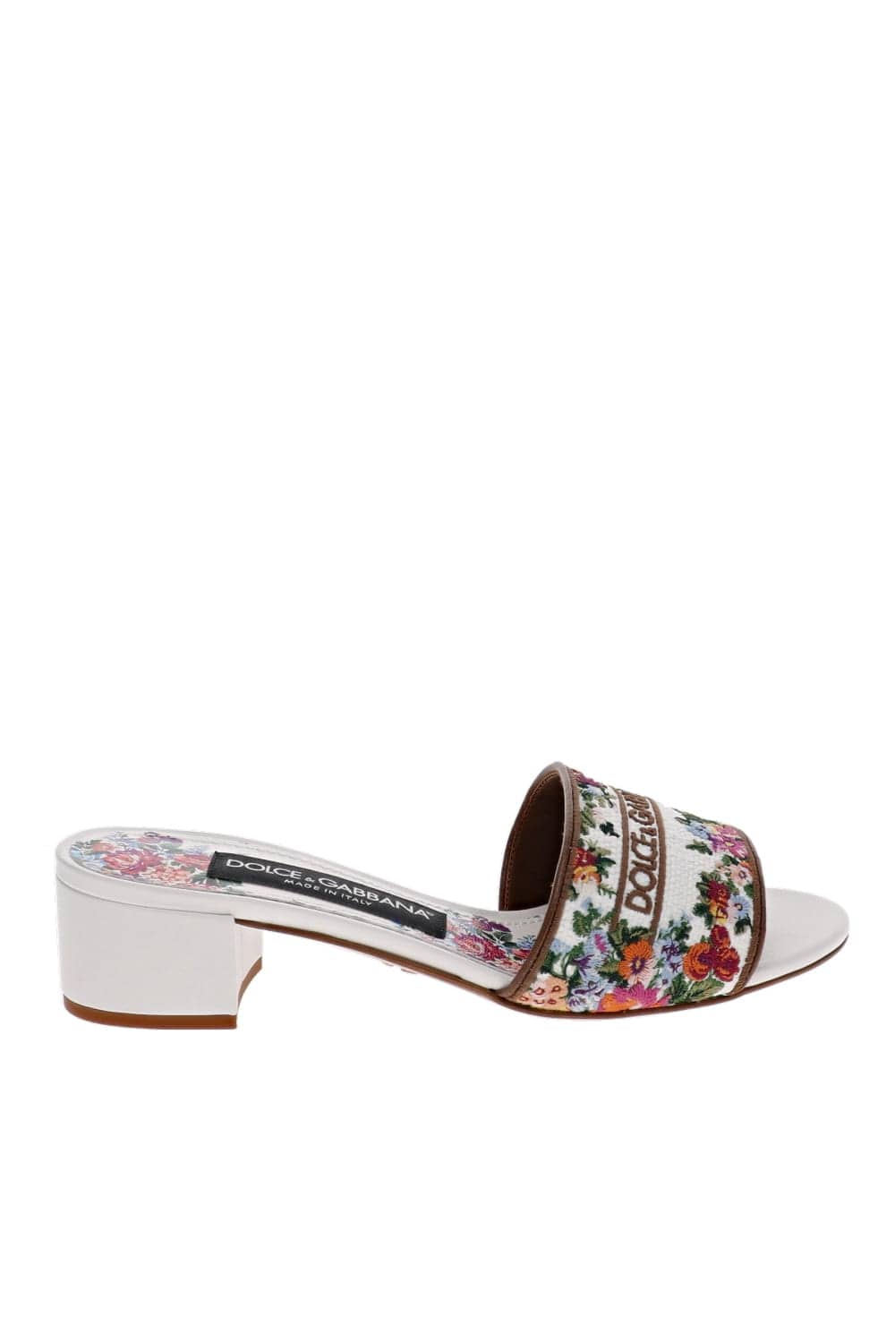 Dolce & Gabbana Floral Embroidered Block Heel Slide Sandals White Multi