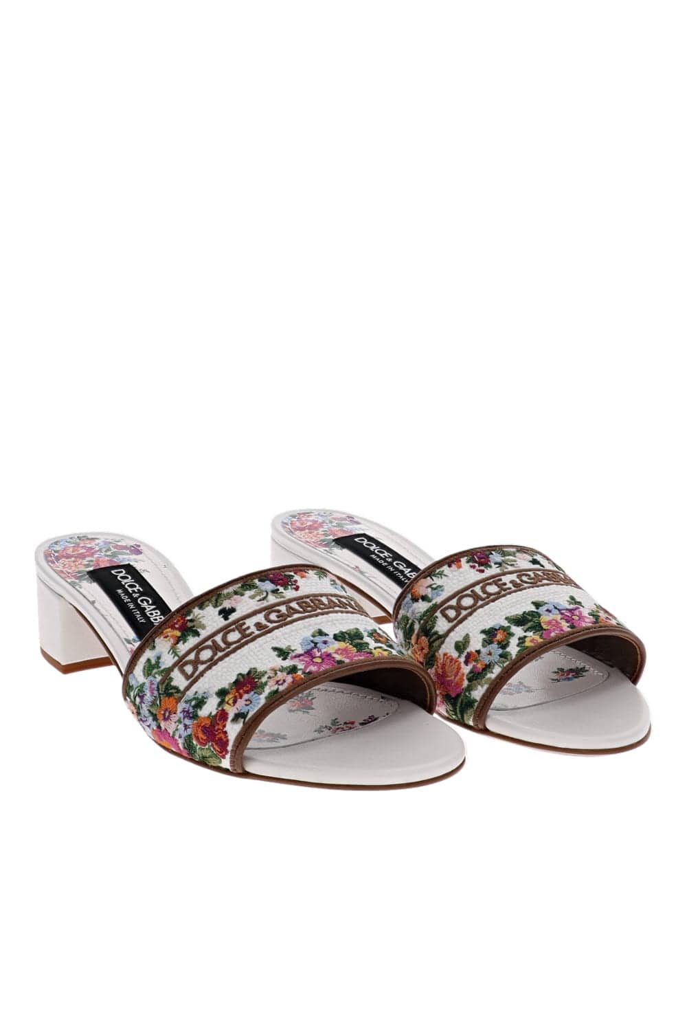 Dolce & Gabbana Floral Embroidered Block Heel Slide Sandals White Multi