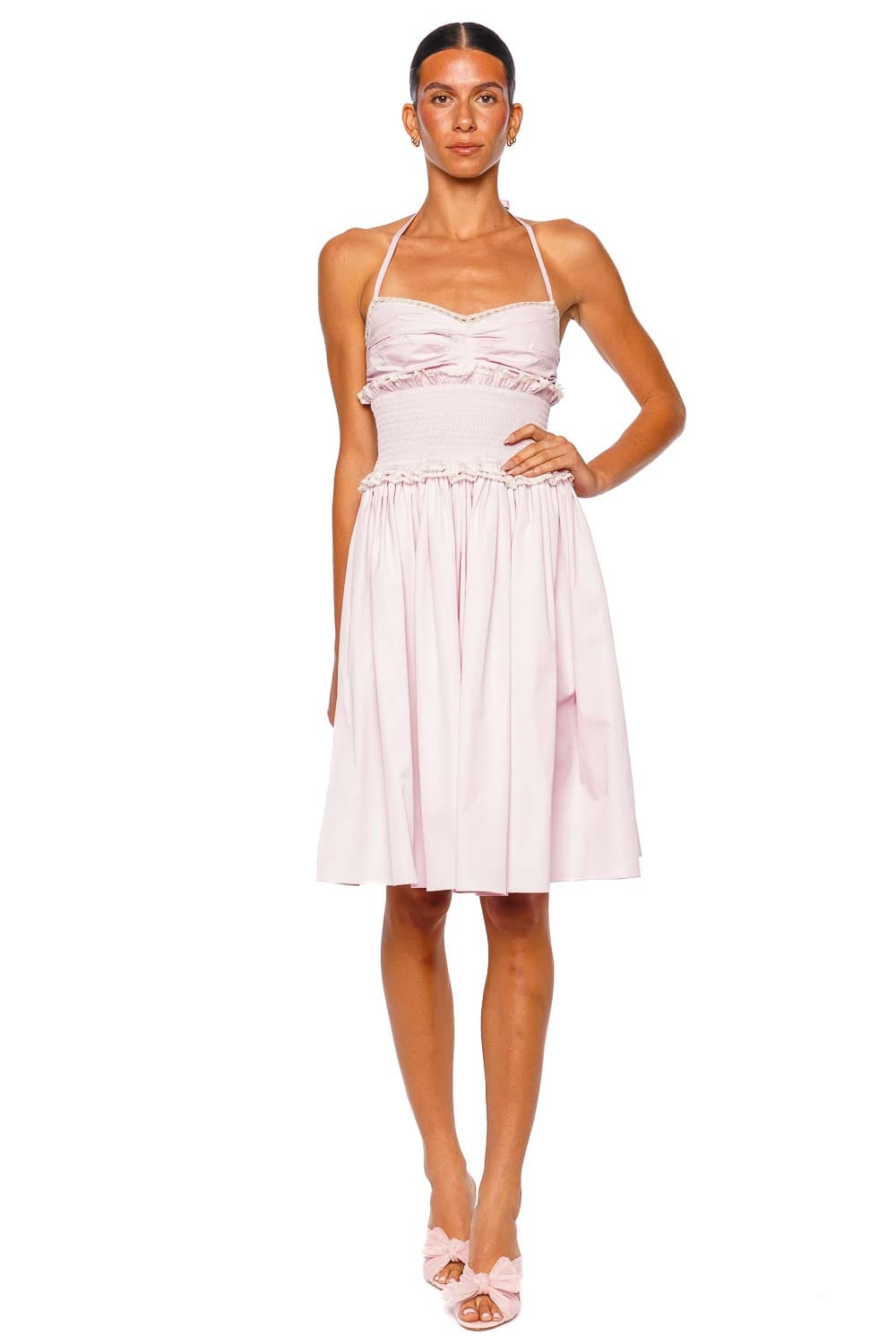 Dolce & Gabbana Pink Halter Mini Dress with Smocked Waist and Lace Trim