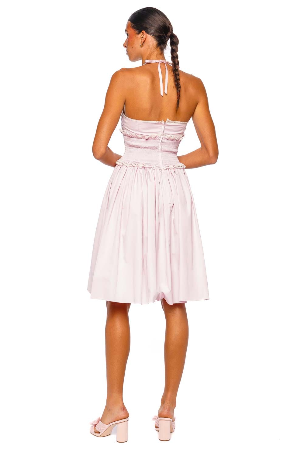 Dolce & Gabbana Pink Halter Mini Dress with Smocked Waist and Lace Trim
