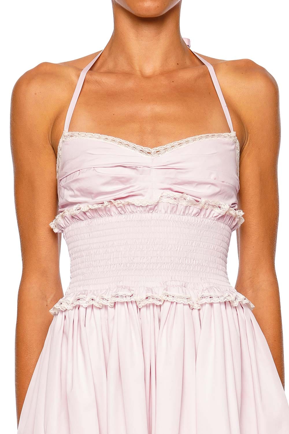 Dolce & Gabbana Pink Halter Mini Dress with Smocked Waist and Lace Trim