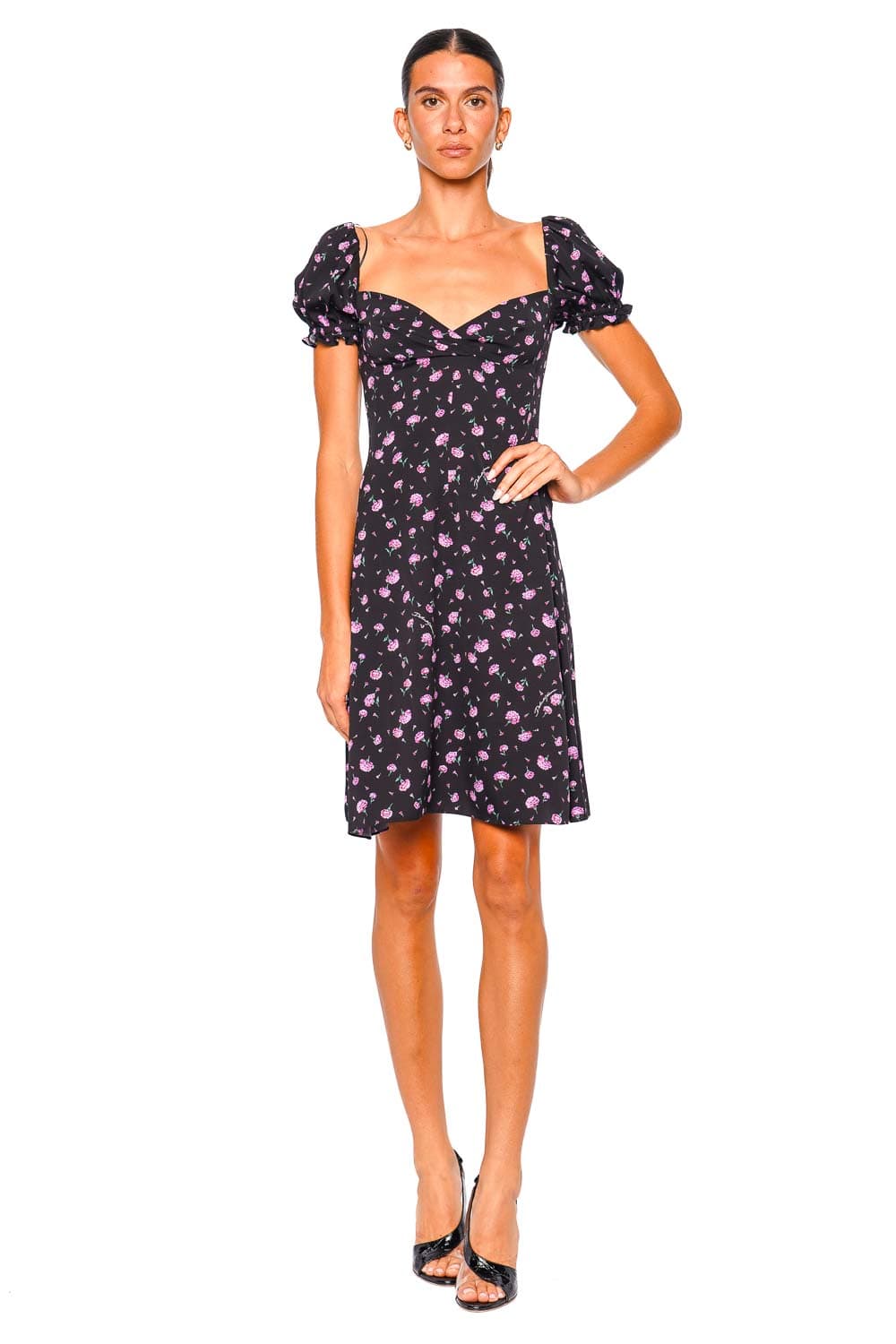 Dolce & Gabbana Black Carnations Puff Shoulder Mini Dress