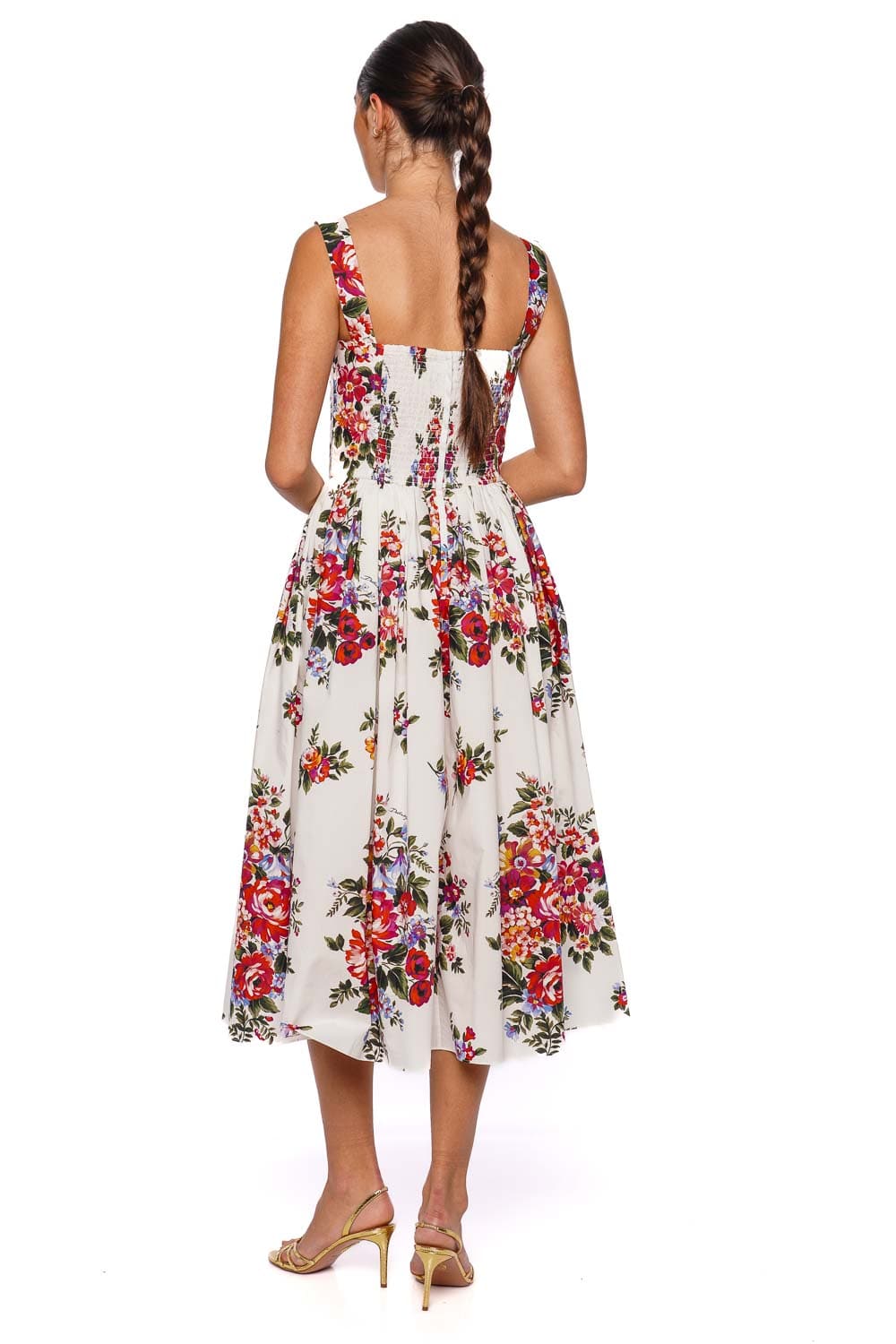 Dolce & Gabbana White Floral Pleated Midi Dress with Square Neckline