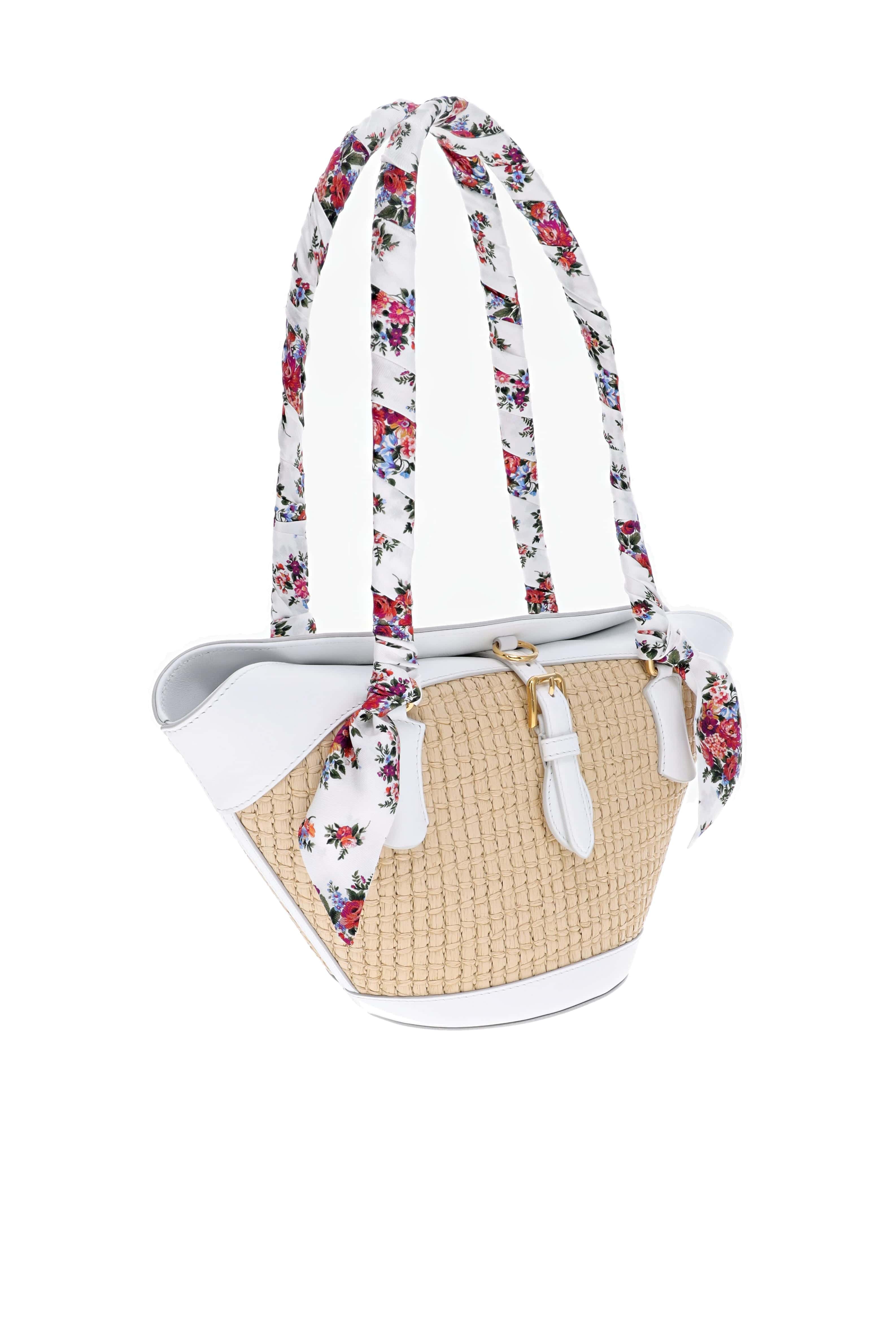 Dolce & Gabbana Floral Scarf Leather Trim Woven Tote