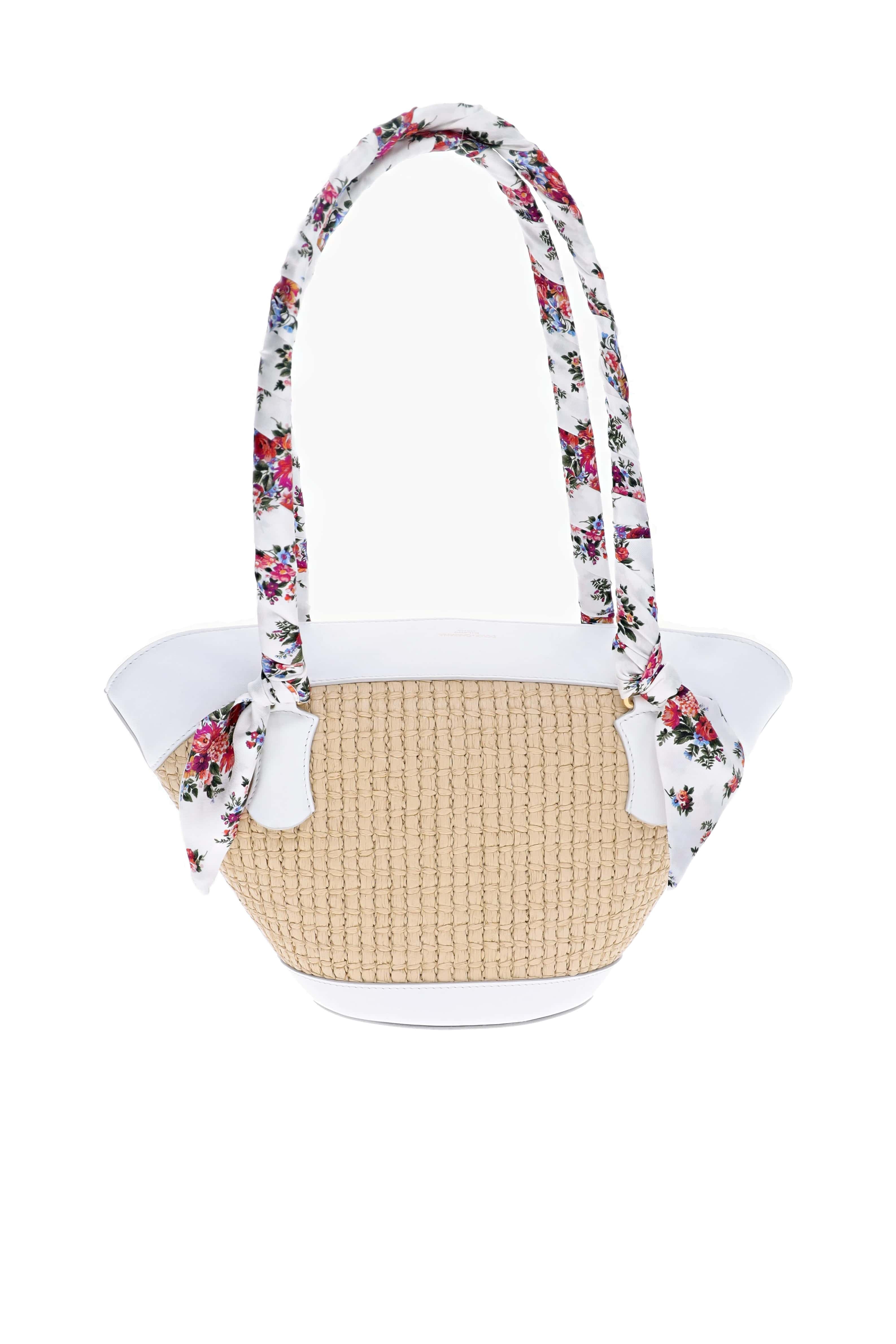 Dolce & Gabbana Floral Scarf Leather Trim Woven Tote