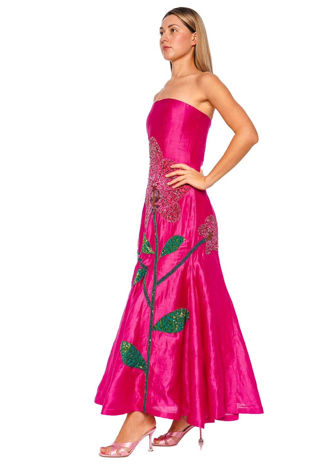 LA FUORI Orchid Hand Beaded Strapless Gown
