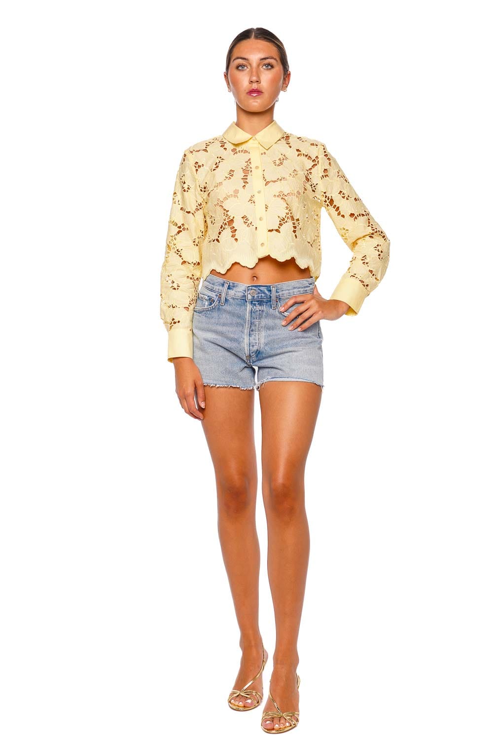 L'AGENCE Seychelle Lemon Sorbet Long Sleeve Cropped Button Down Top