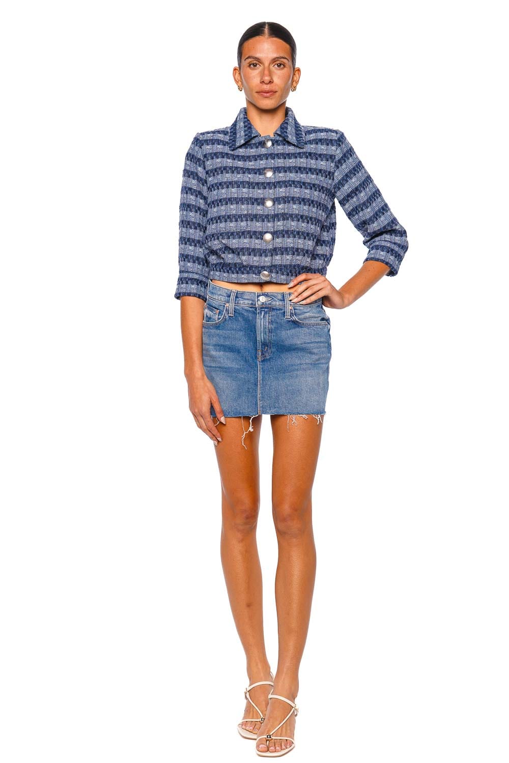 L'AGENCE Jia Blue Striped Tweed Cropped Jacket