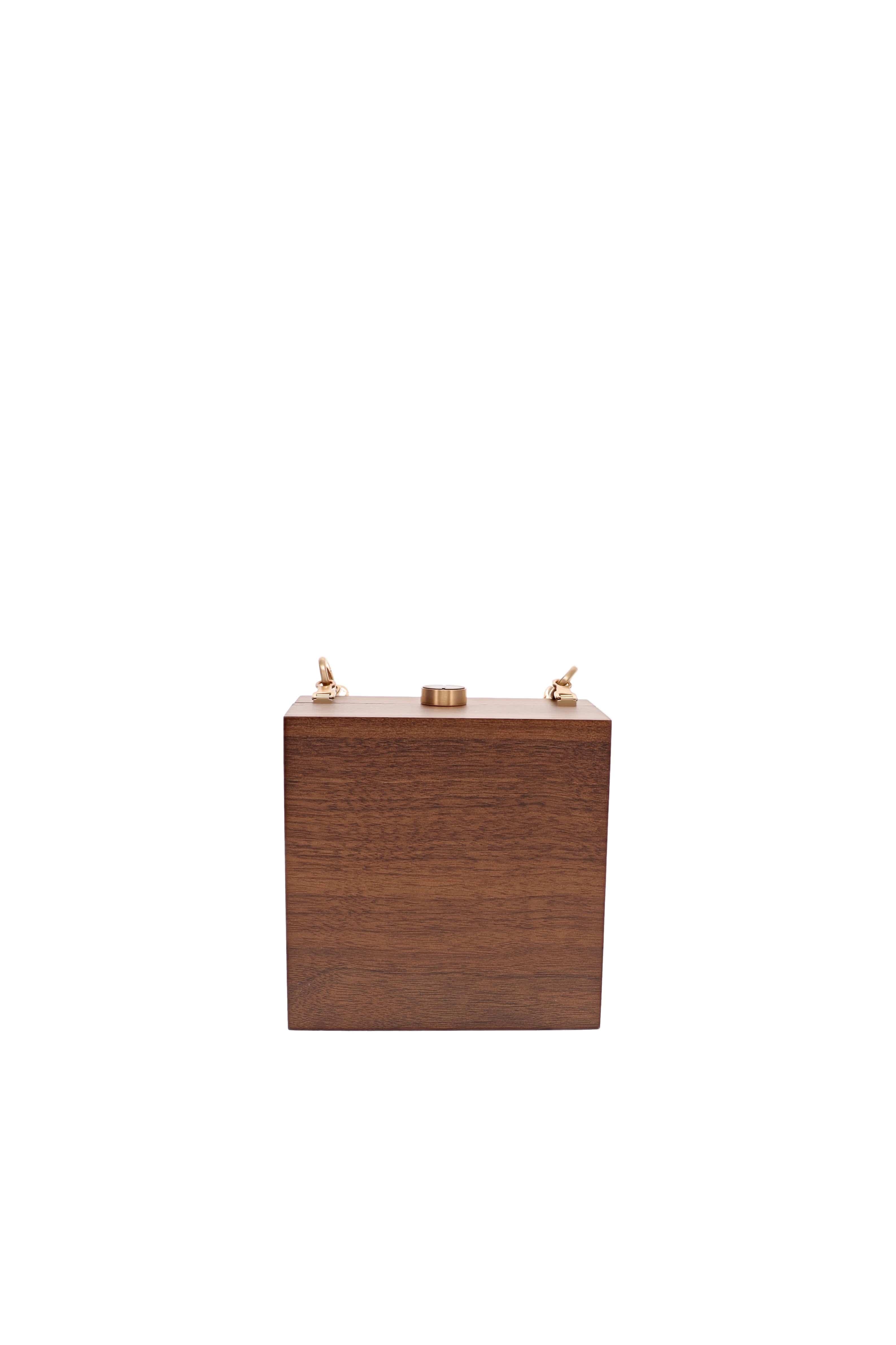 Cult Gaia Tic Tac Toe Walnut Wood Clutch with Gold Chain Strap