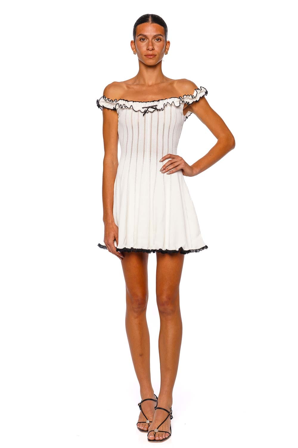 self-portrait White Contrast Trim Ruffled Pointelle Knit Mini Dress