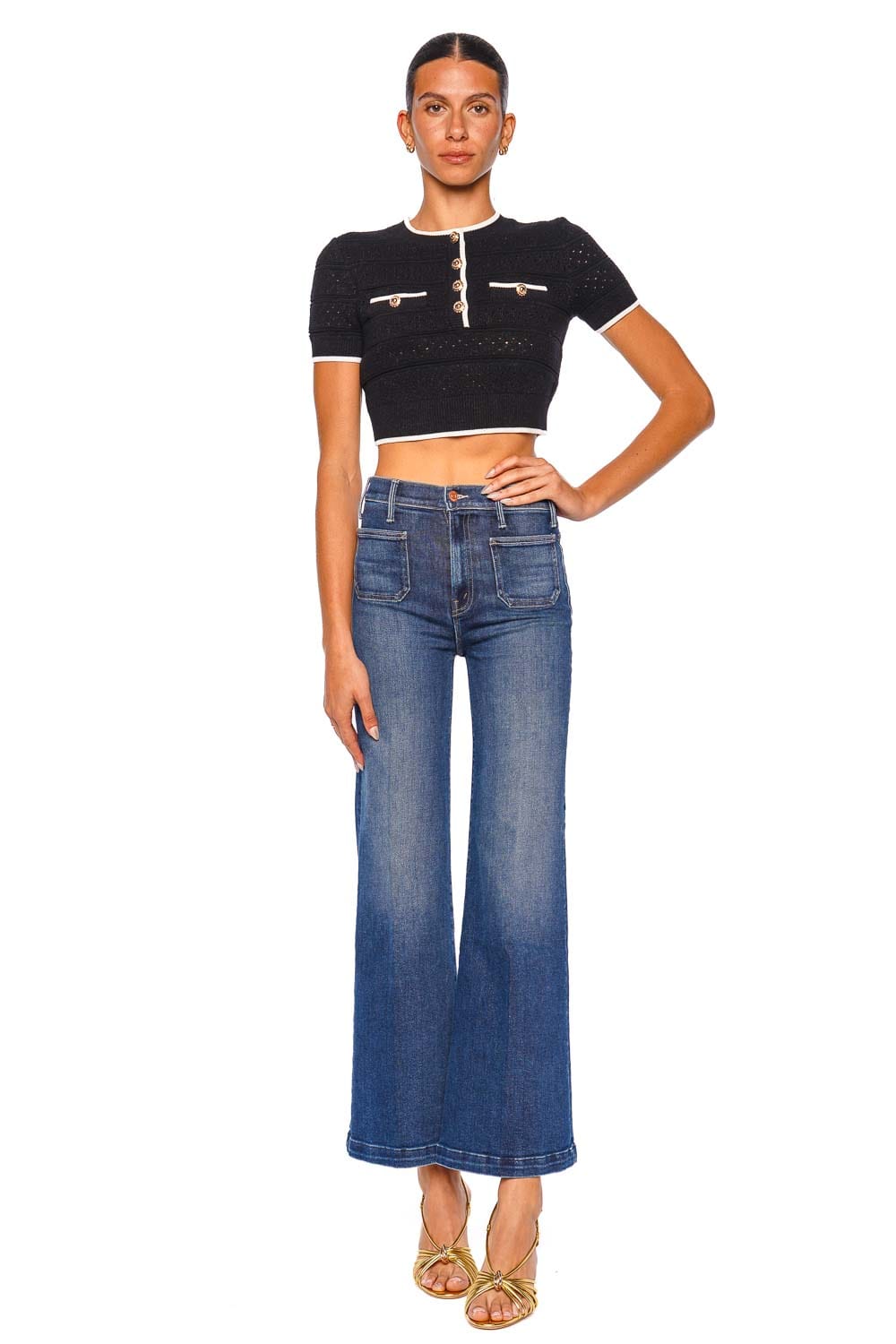 self-portrait Black Pointelle Knit Short Sleeve Cropped Top