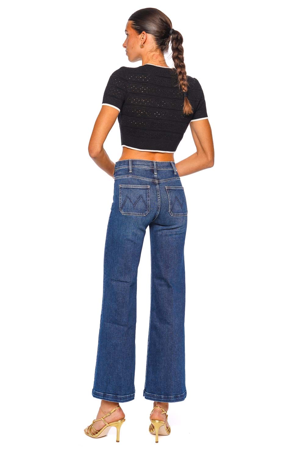 self-portrait Black Pointelle Knit Short Sleeve Cropped Top