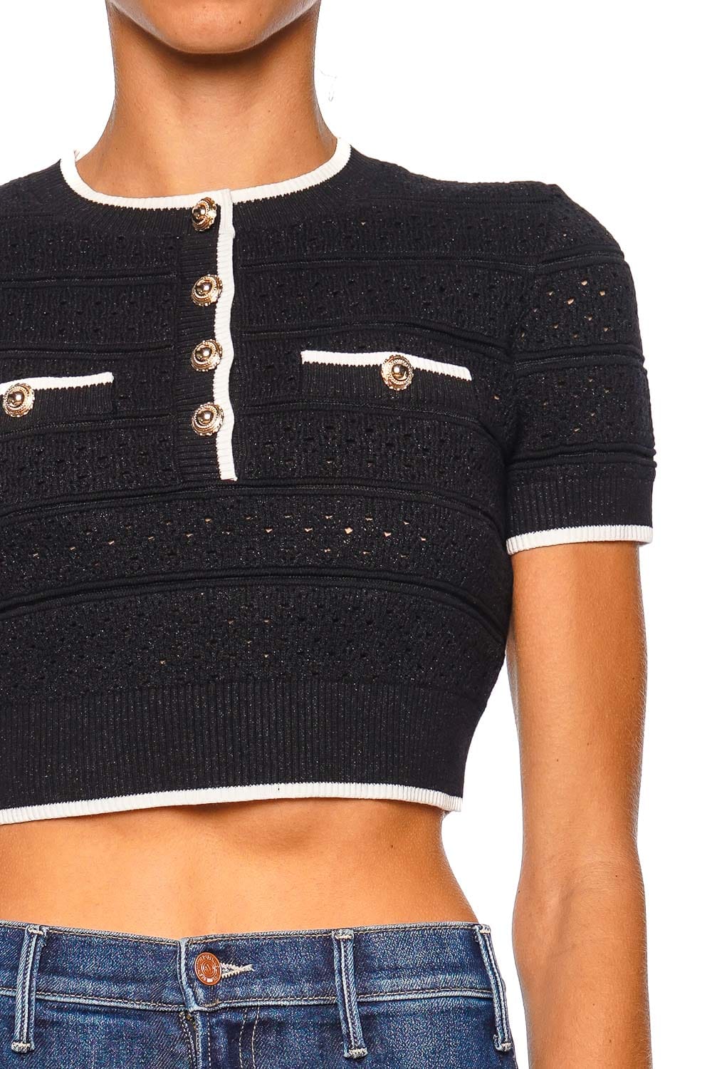 self-portrait Black Pointelle Knit Short Sleeve Cropped Top