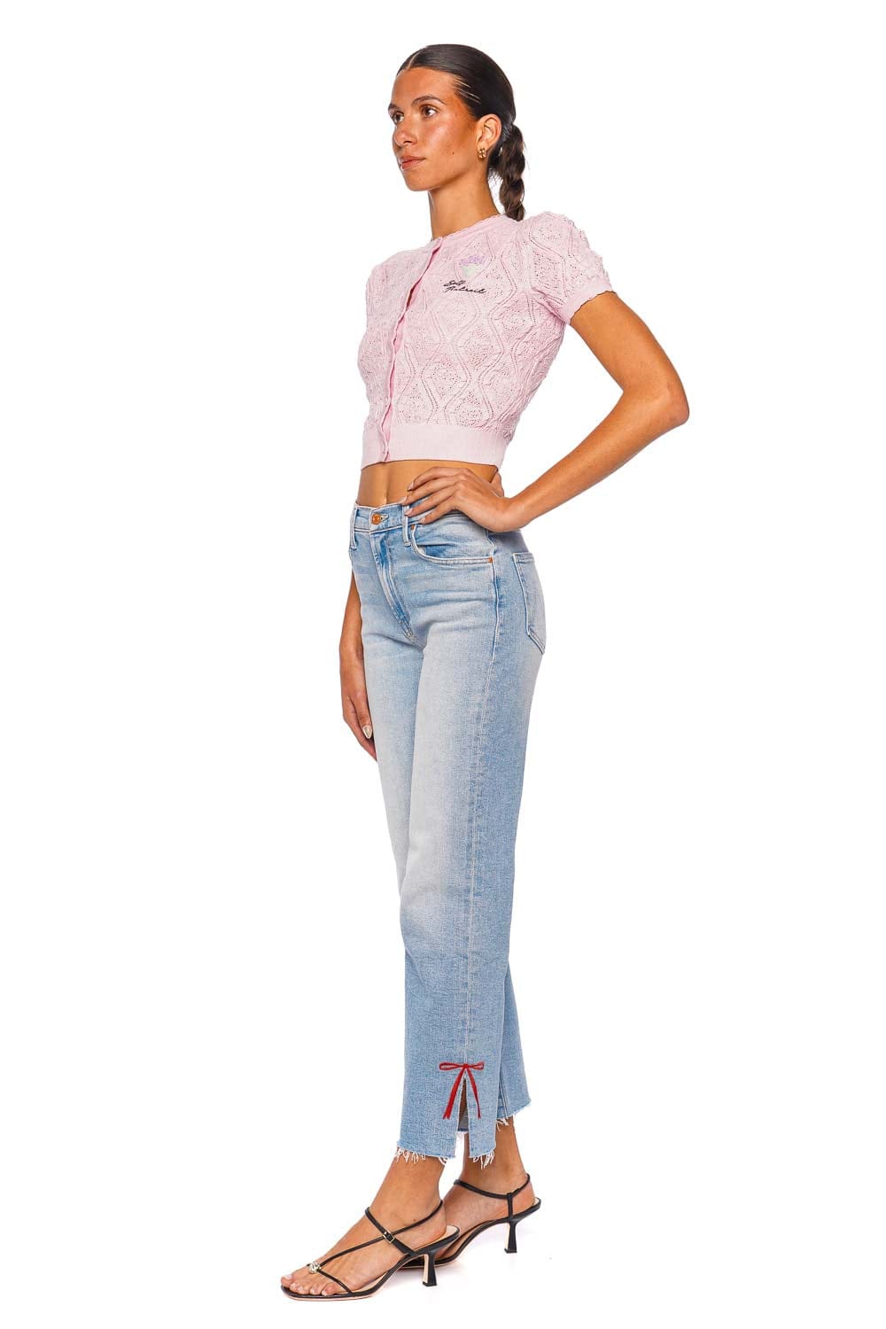 self-portrait Pink Pointelle Knit Short Sleeve Cropped Top