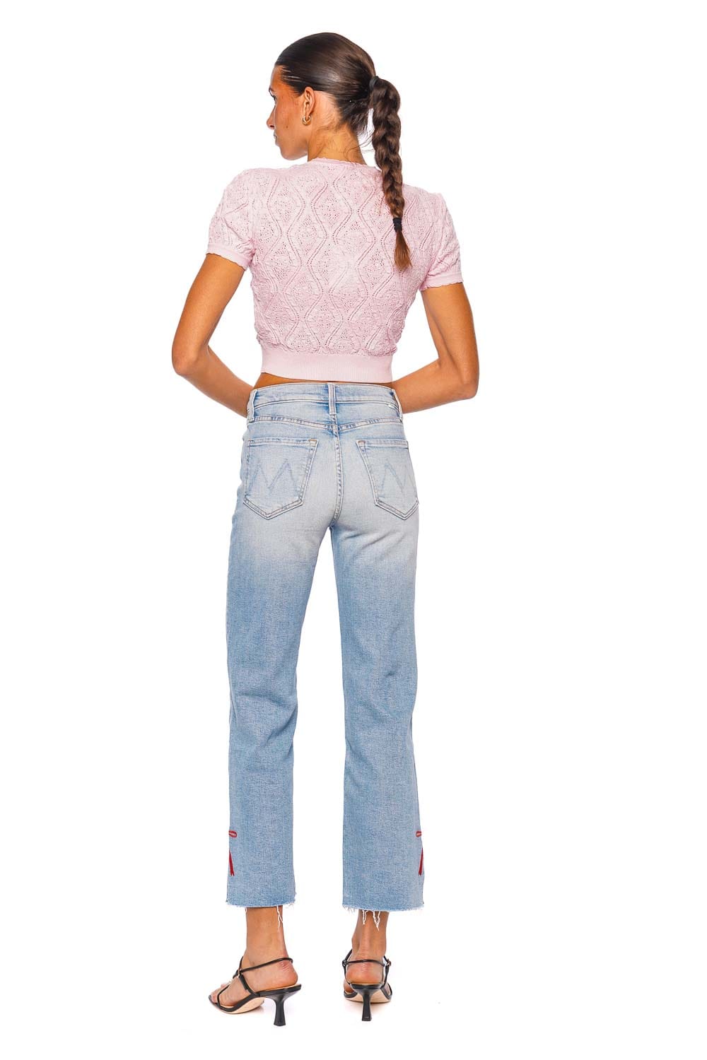 self-portrait Pink Pointelle Knit Short Sleeve Cropped Top