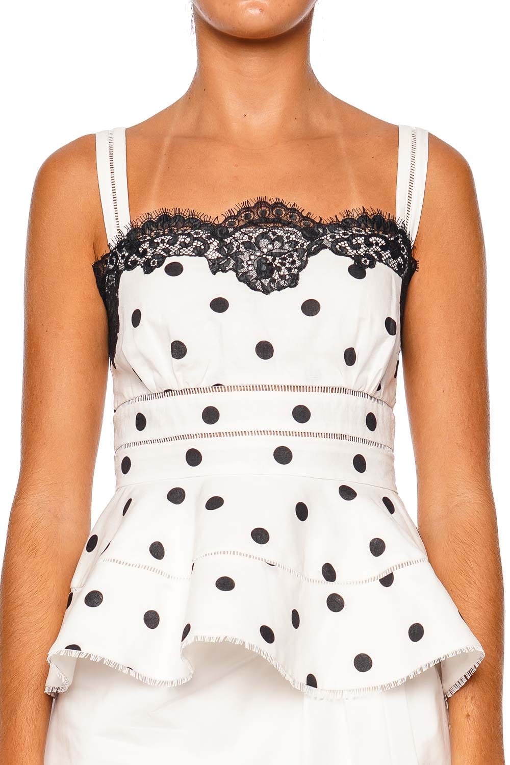 self-portrait White Polka Dot Lace Trim Linen Top