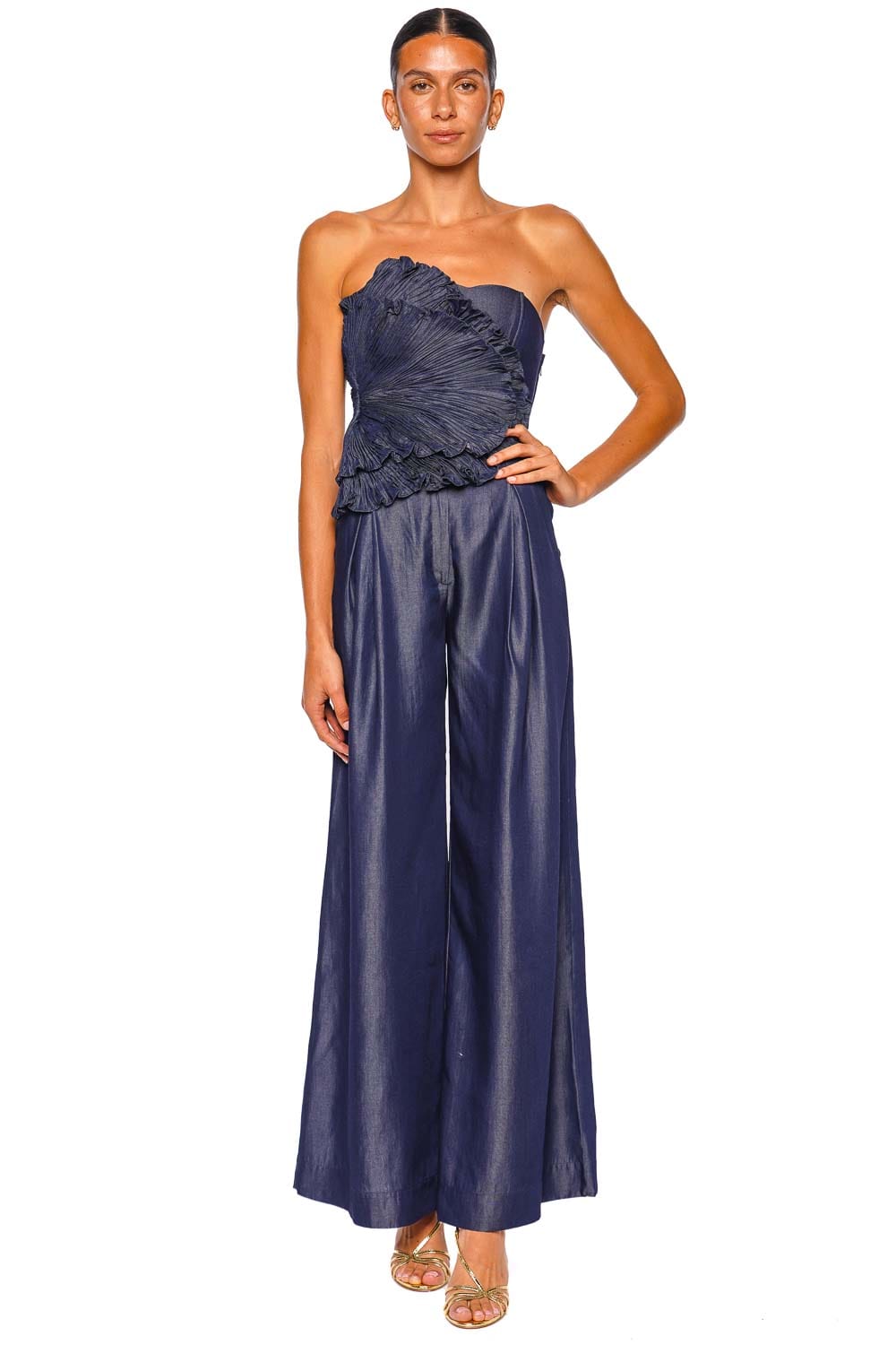 Andres Otalora Mediterranea Navy Strapless Wide Leg Jumpsuit