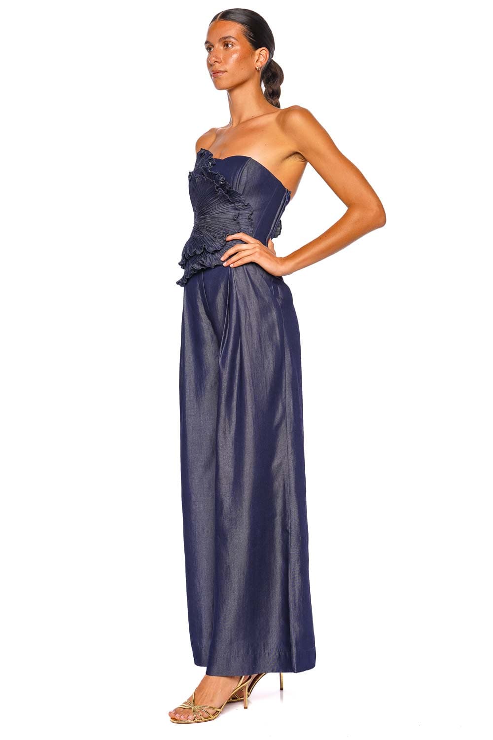 Andres Otalora Mediterranea Navy Strapless Wide Leg Jumpsuit