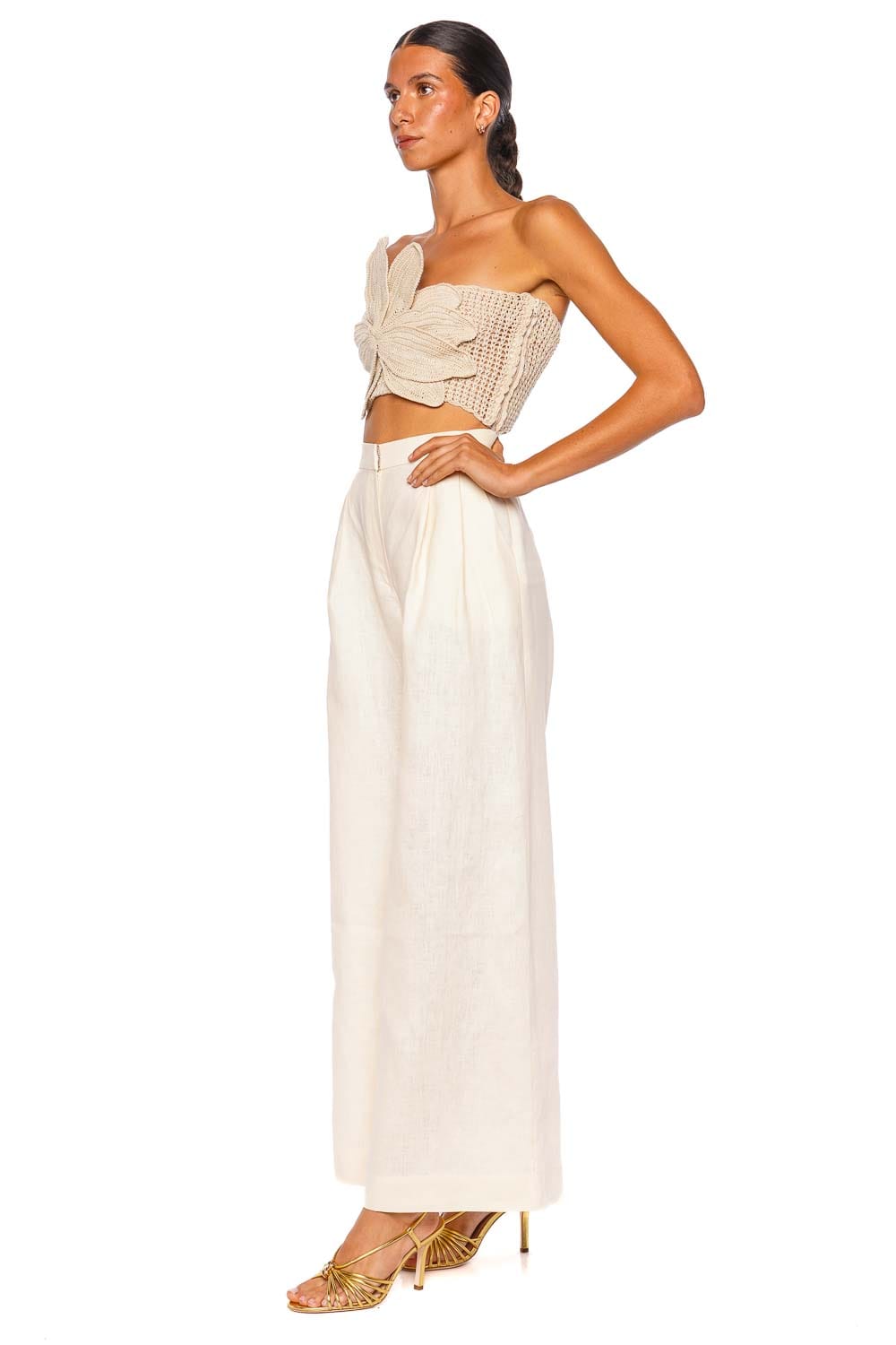 Andres Otalora SS26056 Ivory Strapless Floral Crop Top