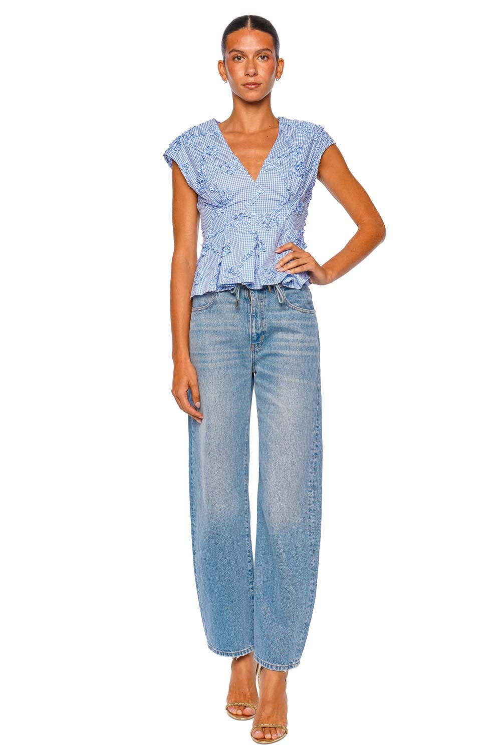 CLEA Billie Pleat Blue Gingham Cap Sleeve Top