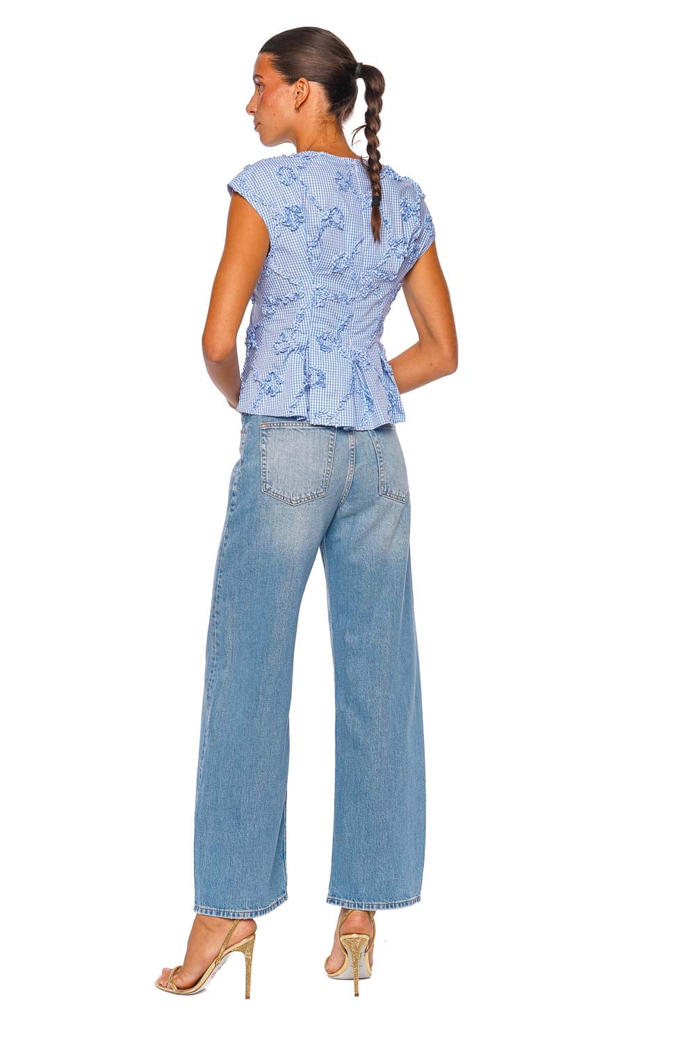 CLEA Billie Pleat Blue Gingham Cap Sleeve Top