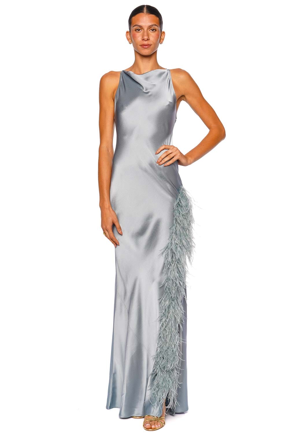LAPOINTE Light Slate Feather Trim Satin Halter Gown
