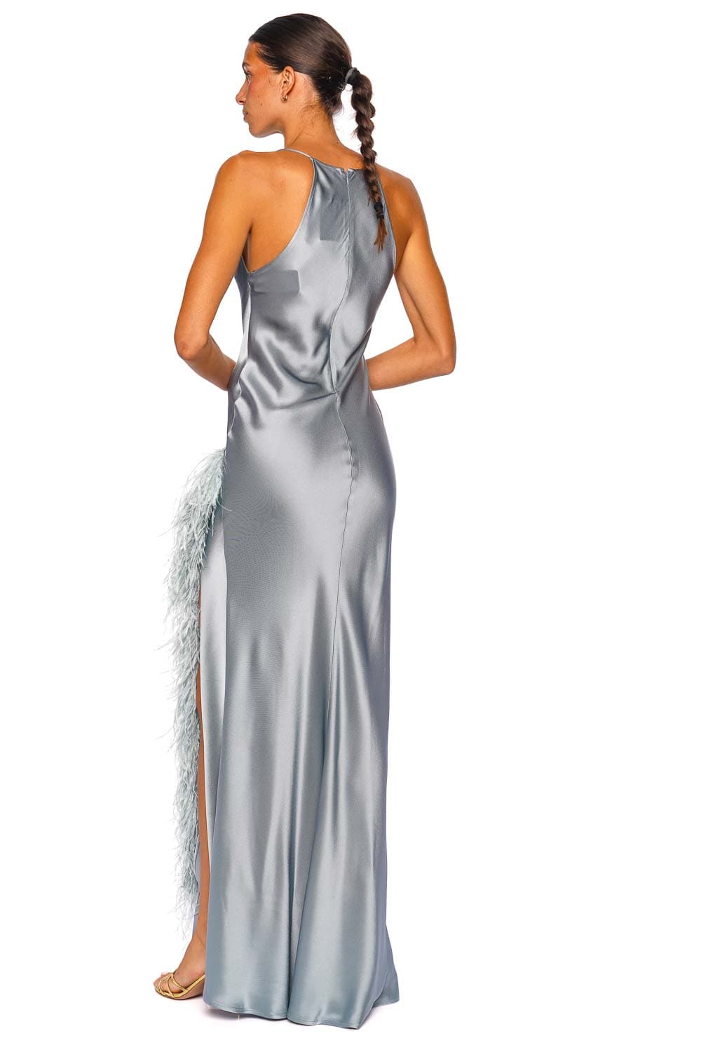 LAPOINTE Light Slate Feather Trim Satin Halter Gown