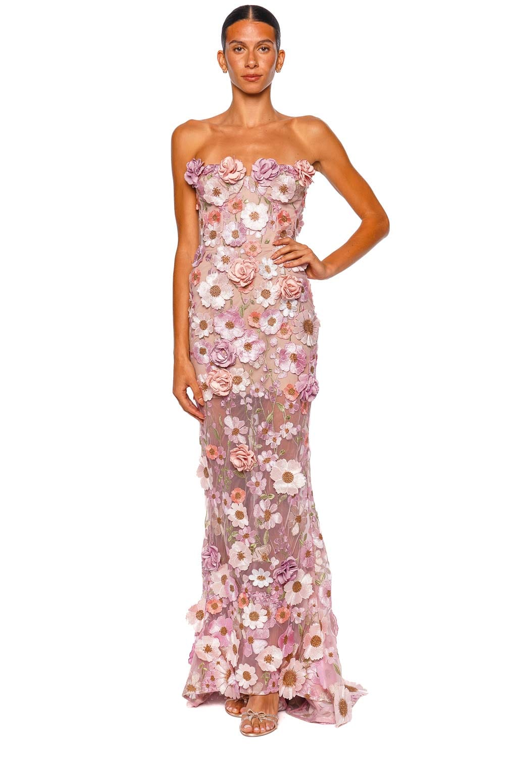 open lace back dress Venice 3D Floral Jasmin Pastel Pink Multi Strapless Gown