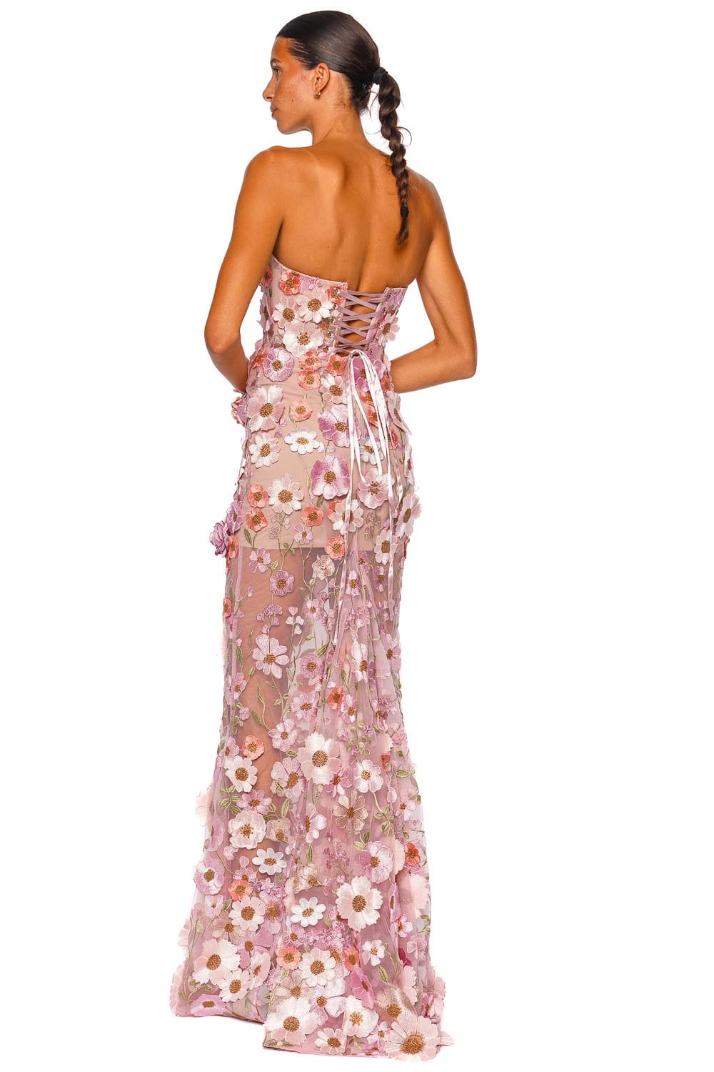 Bronx and Banco Venice 3D Floral Jasmin Pastel Pink Multi Strapless Gown