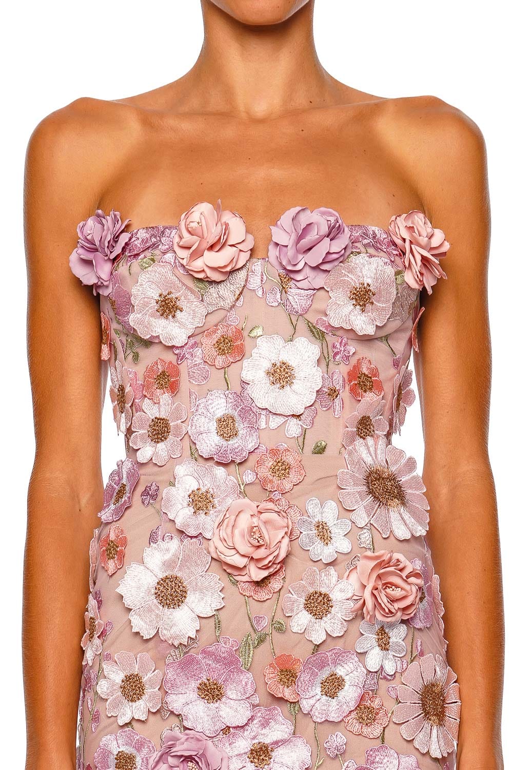 Bronx and Banco Venice 3D Floral Jasmin Pastel Pink Multi Strapless Gown