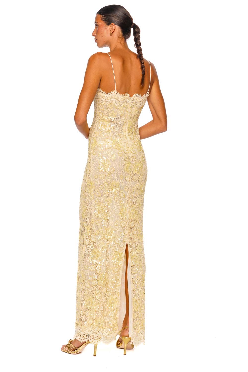 LoveShackFancy Ciona Pale Yellow Strappy Lace Maxi Dress