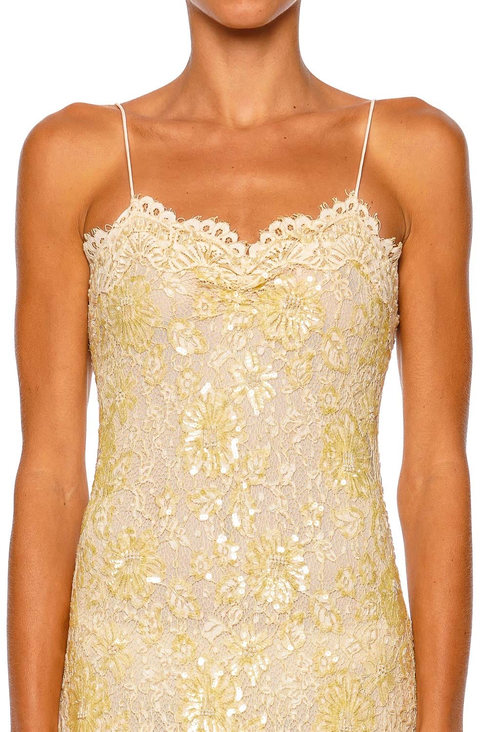 LoveShackFancy Ciona Pale Yellow Strappy Lace Maxi Dress