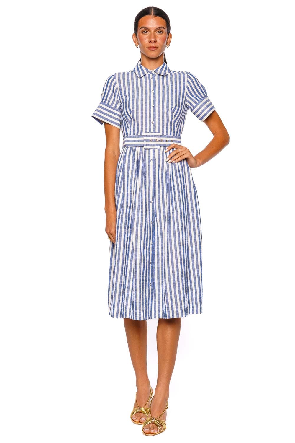 Cara Cara Malena Blue Stripe Seersucker Belted Midi Dress Cara Cara Malena Blue Stripe Seersucker Belted Midi Dress