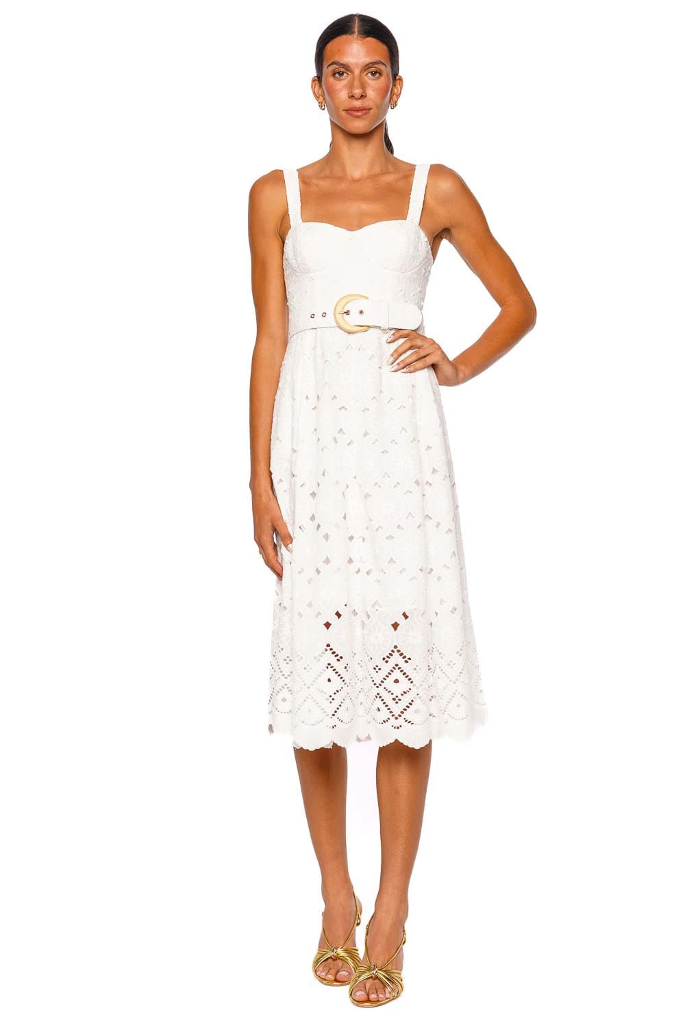 knee length dresses for ladies Calypso Trellis White Eyelet Belted Midi Dress
