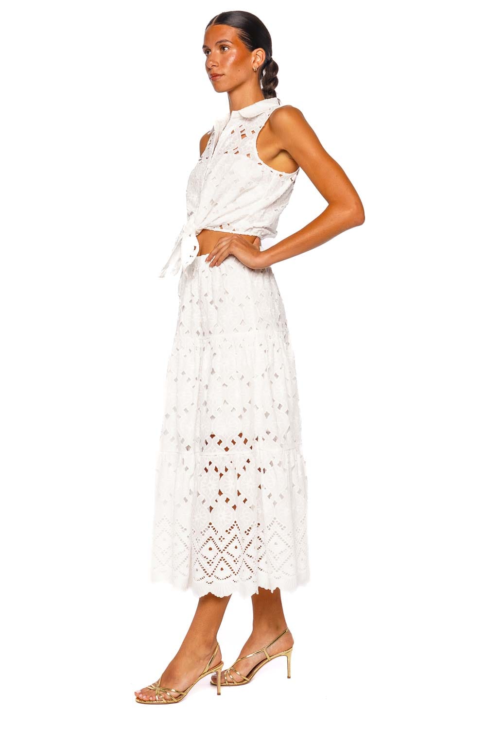 Cara Cara Melanie Trellis Eyelet White Tiered Midi Skirt