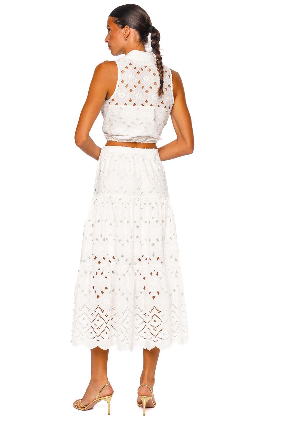 Cara Cara Melanie Trellis Eyelet White Tiered Midi Skirt