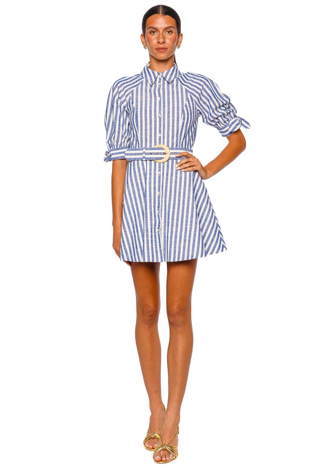 Cara Cara Caro Seersucker Blue Stripe Belted Mini Dress Cara Cara Caro Seersucker Blue Stripe Belted Mini Dress