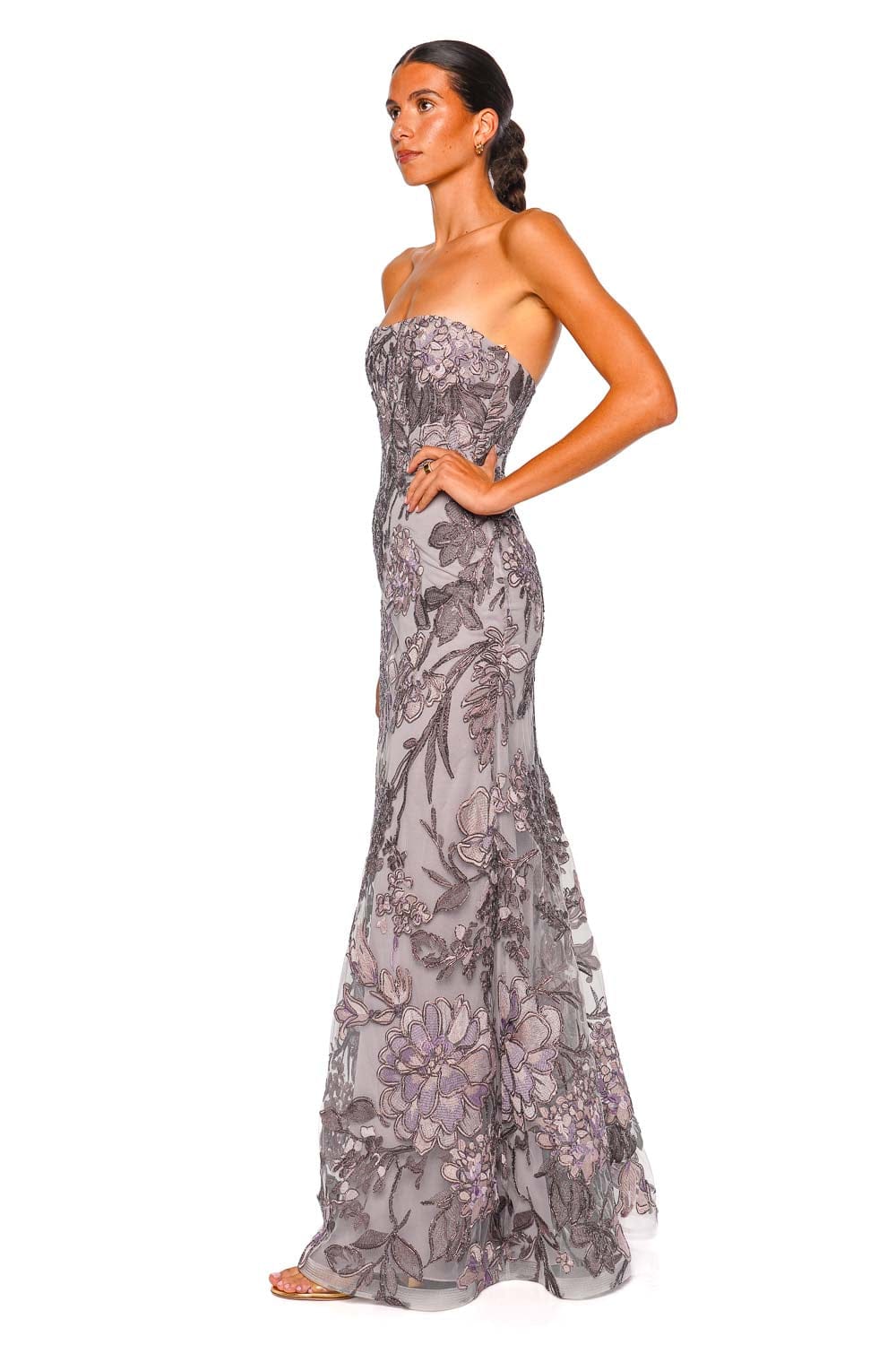 Naeem Khan Metallic Raffia Lilac Silver Strapless Gown