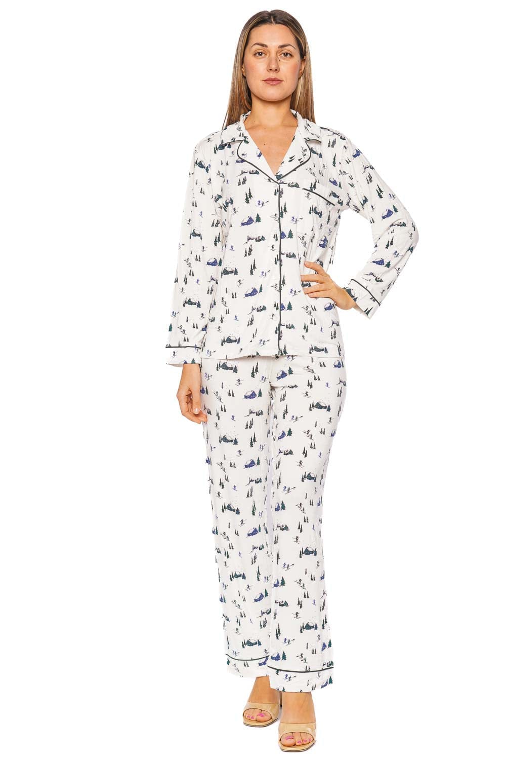 Eberjey Gisele Ivory Pine Printed Long Sleeve PJ Set