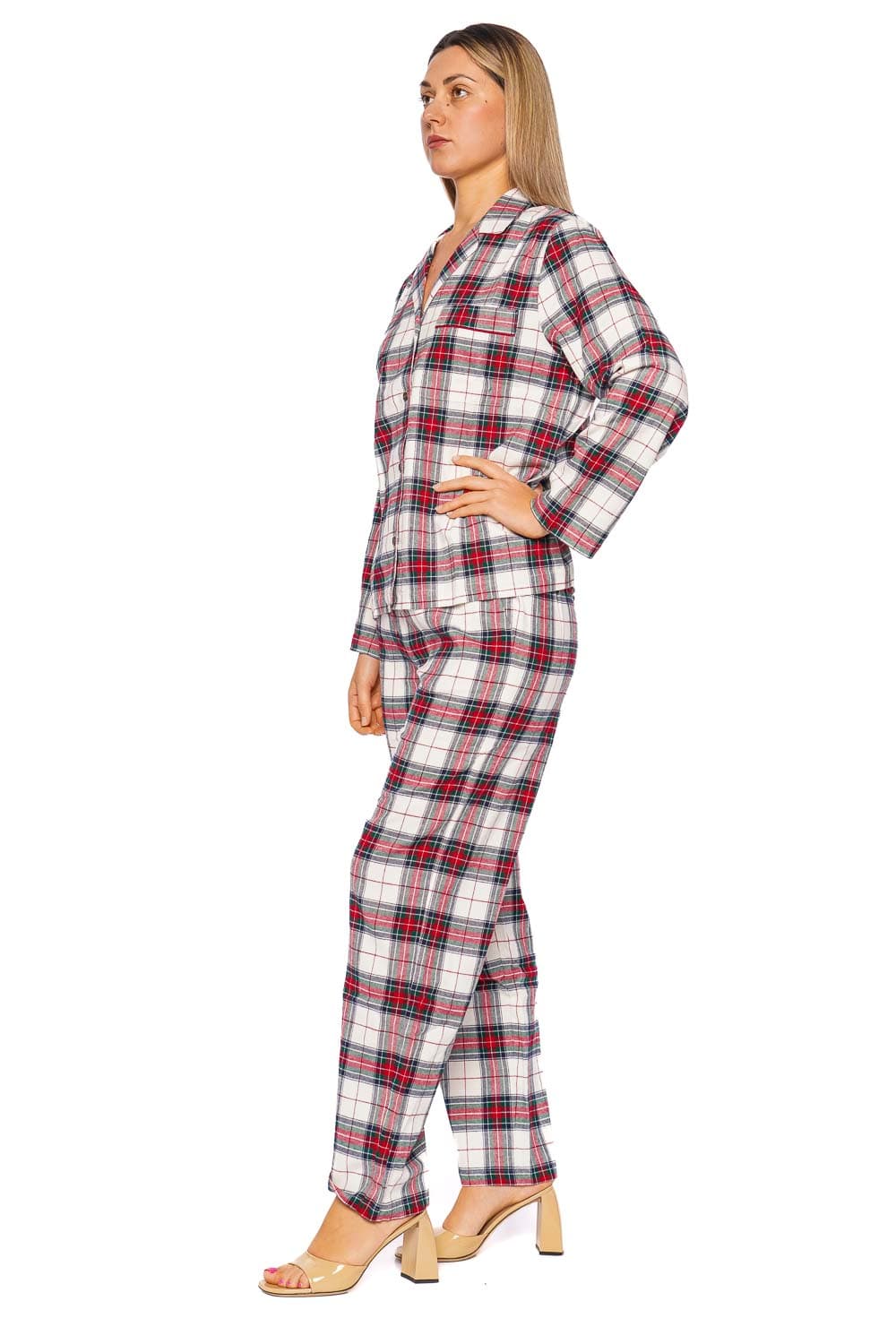 Eberjey Ivory and Holly Red Tartan Plaid Flannel Long PJ Set