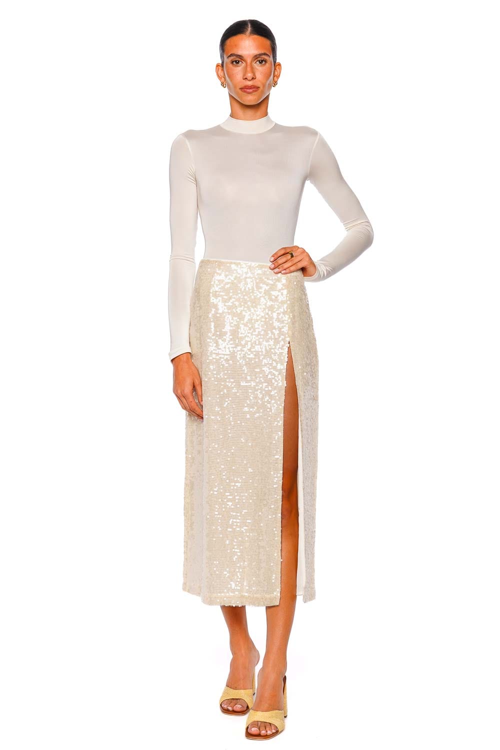 LAPOINTE Cream High Waist Sequin Slit Skirt