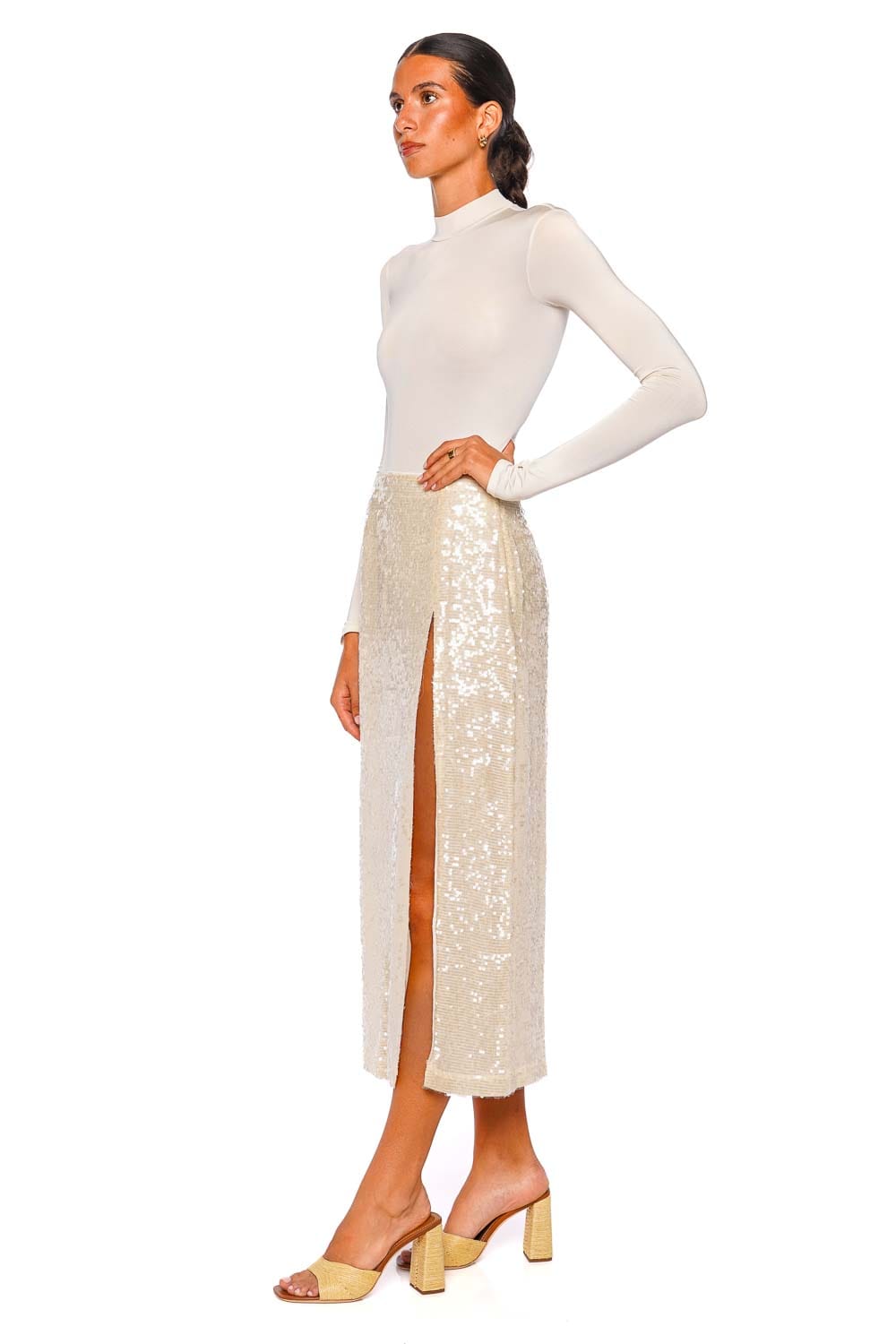 LAPOINTE Cream High Waist Sequin Slit Skirt