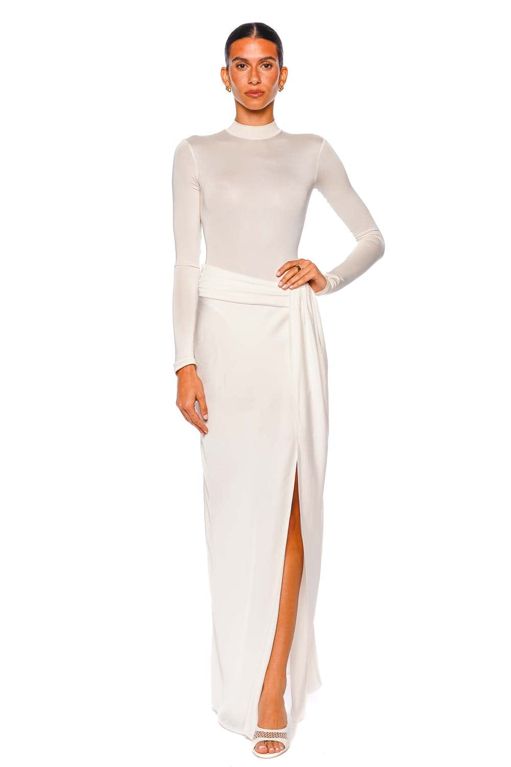 LAPOINTE Cream Satin Asymmetric Maxi Skirt with Slit