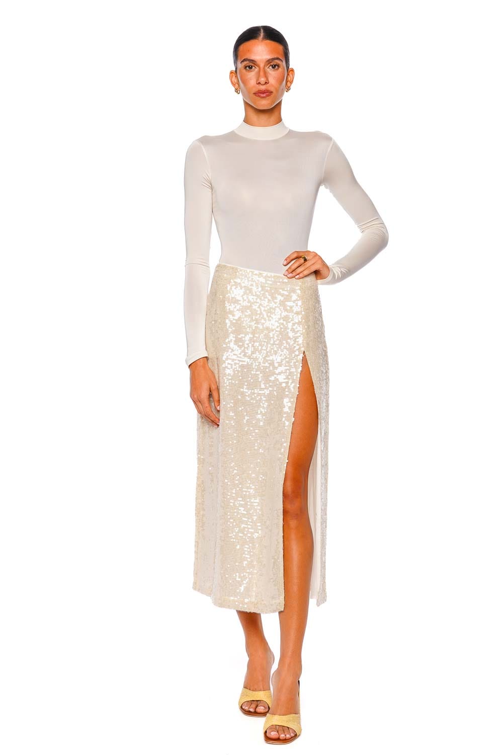 LAPOINTE Cream Jersey Mock Neck Long Sleeve Bodysuit