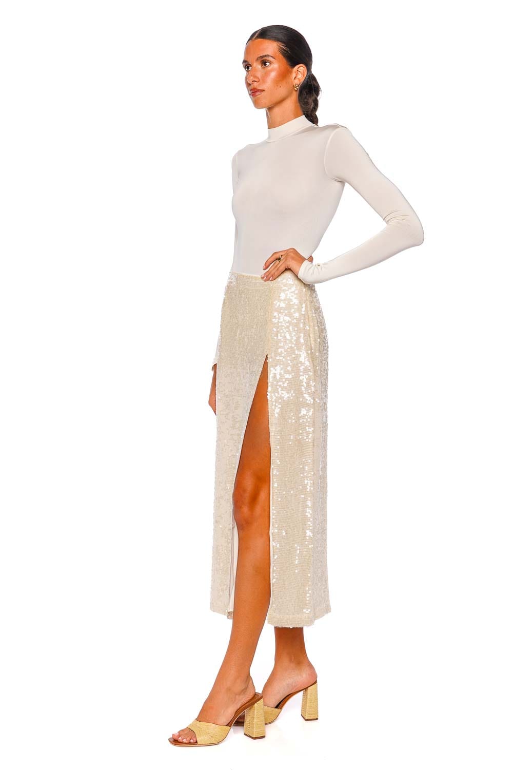 LAPOINTE Cream Jersey Mock Neck Long Sleeve Bodysuit