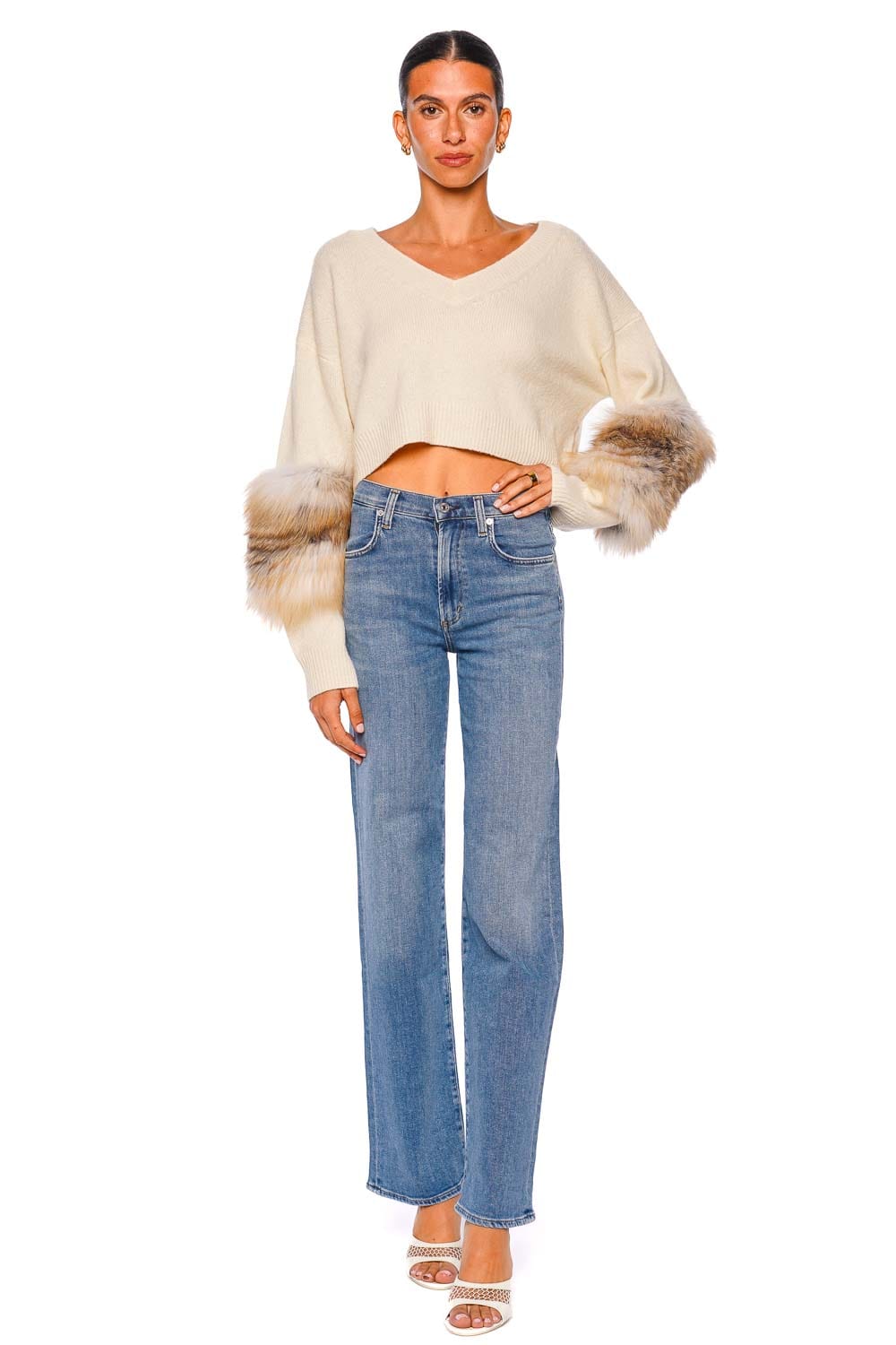 LAPOINTE Cashmere Cropped Sweater with Fur Cuffs in Cream