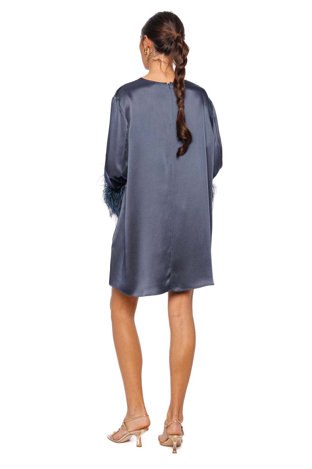 LAPOINTE Marine Satin Feathered Shift Dress with Long Sleeves