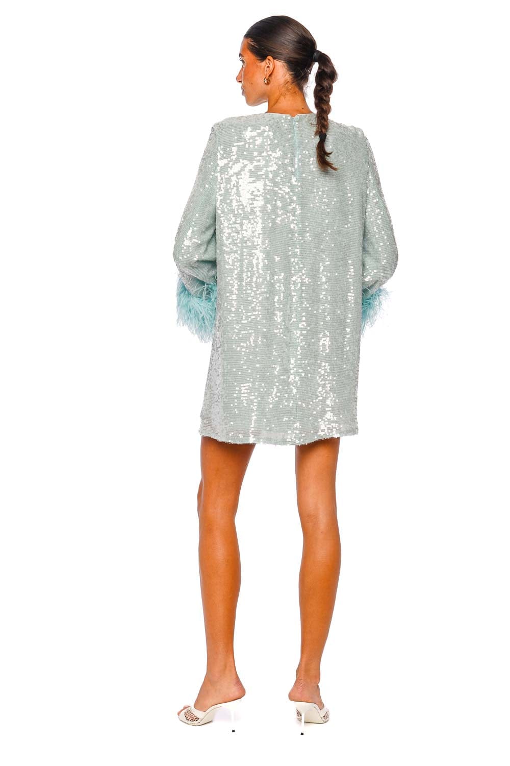 LAPOINTE Sequin Shift Dress with Feather Cuffs Long Sleeves Soft Blue